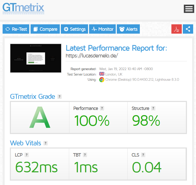 lucasdemelo.de SEO Freelancer in Frankfurt - Perfect SEO score with Core Web Vital with GTMetrix