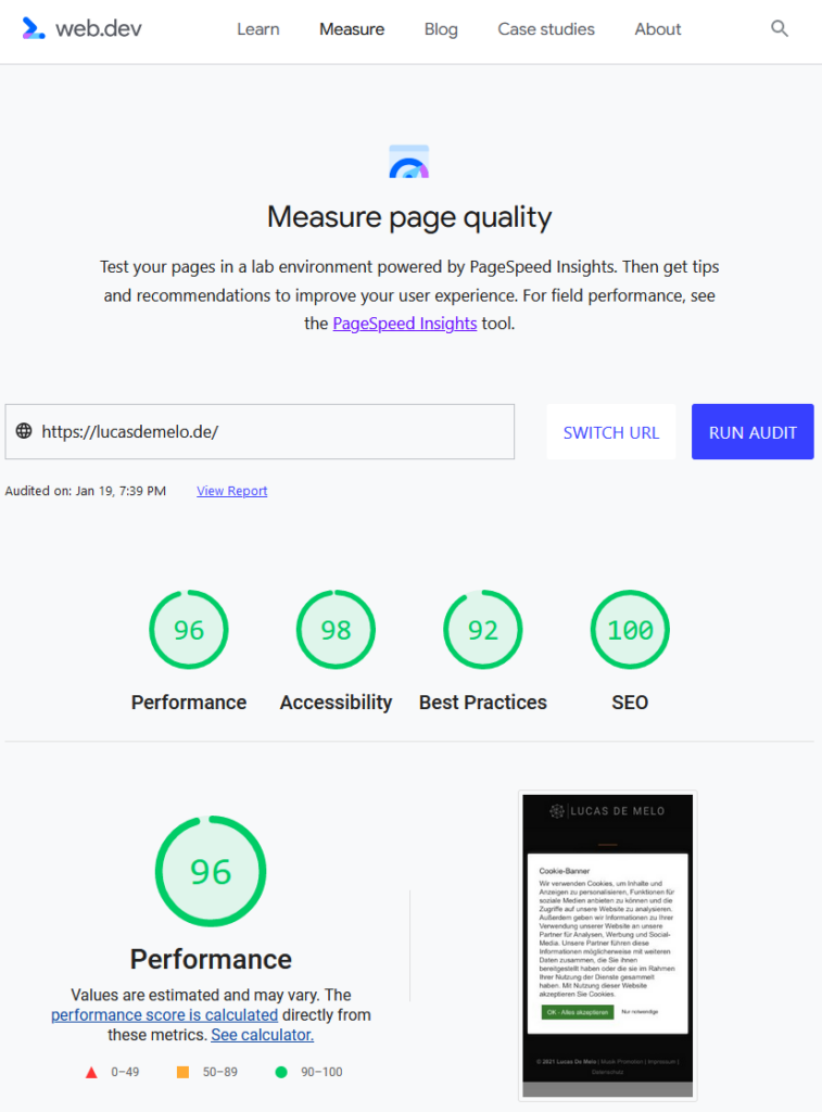 lucasdemelo.de SEO Freelancer in Frankfurt - Perfect SEO score with Core Web Vital with Web.dev